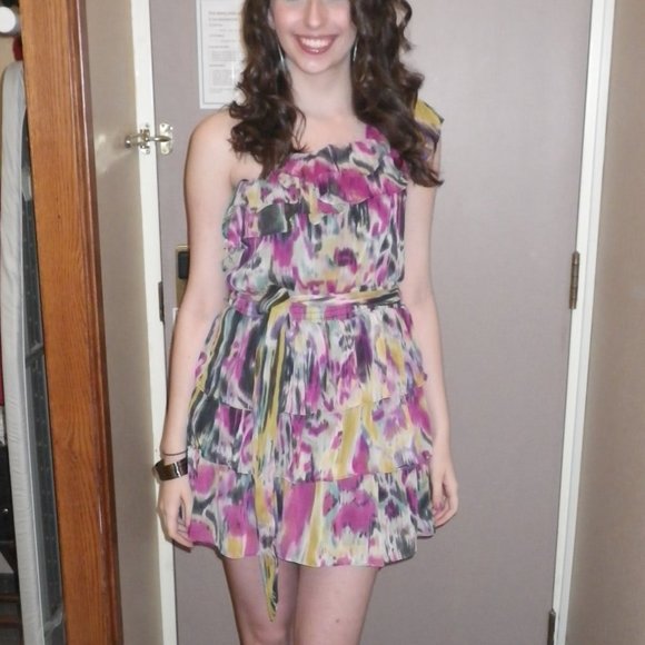 S Bright Multi-Colour One Shoulder Ruffle Dress - Picture 2 of 5